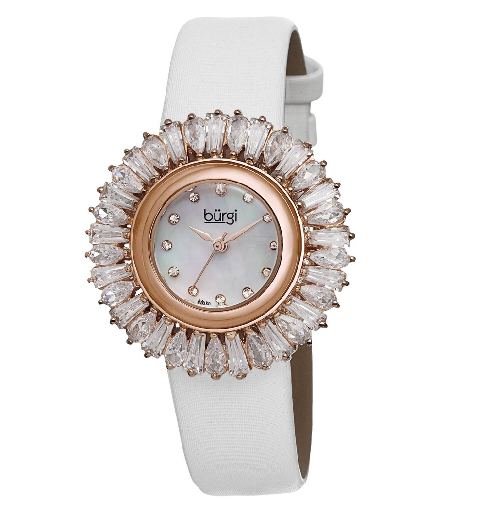 Burgi Women's Swiss Quartz Diamond White Strap Watch