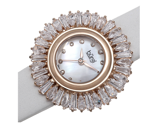 Burgi Women's Swiss Quartz Diamond White Strap Watch